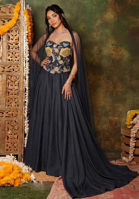 Black Printed Organza Lehenga Set