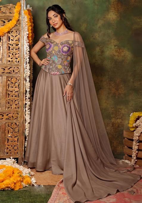 Brown Printed Organza Lehenga Set