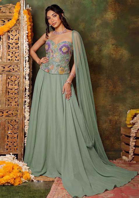 Sage Green Printed Organza Lehenga Set