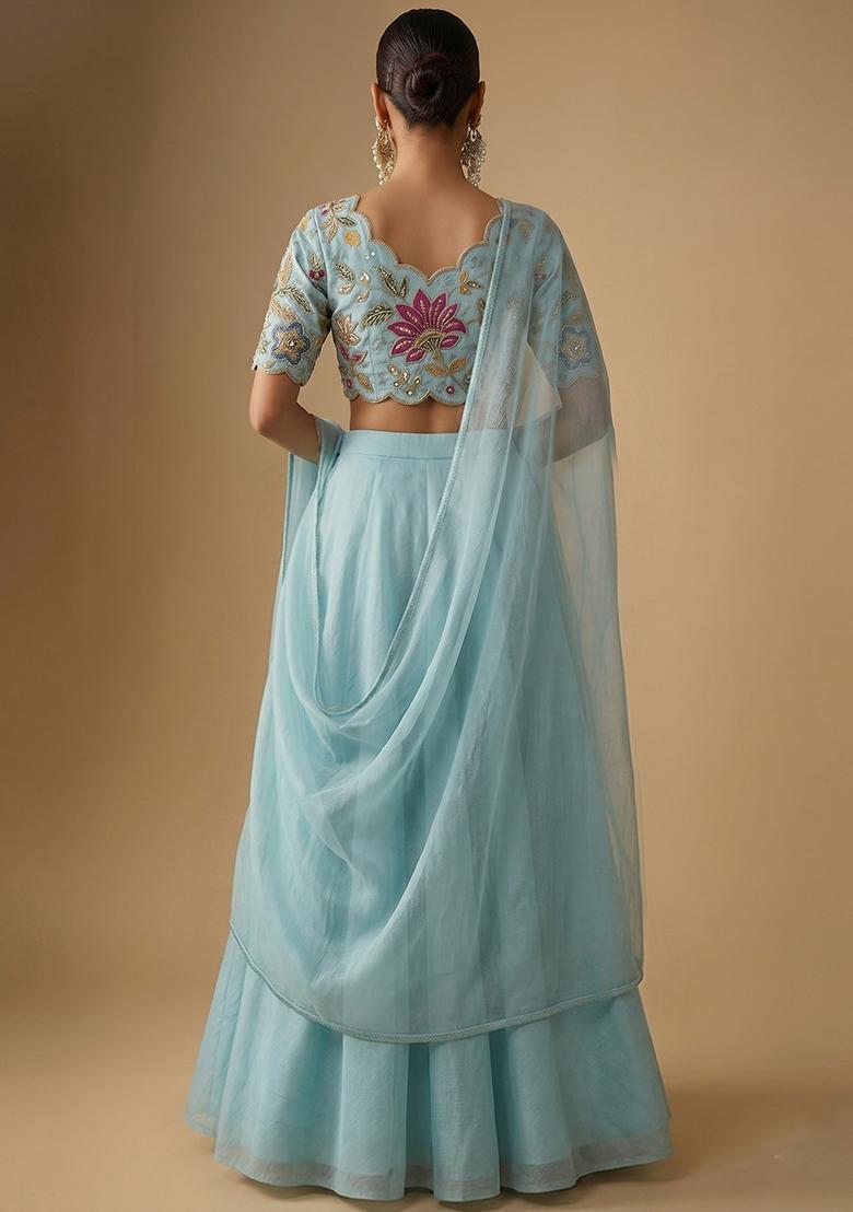 Soft Blue Embroidered Lehenga Set - Indya