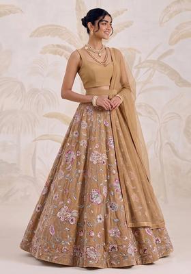 Sand Beige Printed Crepe Lehenga Set