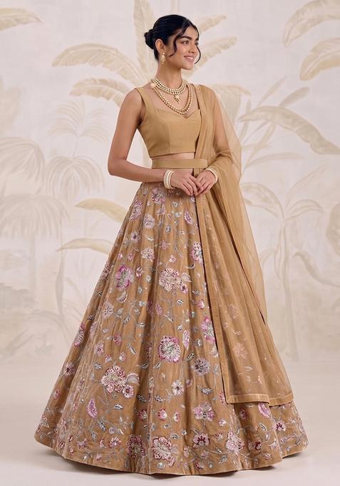 Sand Beige Printed Crepe Lehenga Set