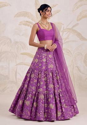 Purple Printed Crepe Lehenga Set