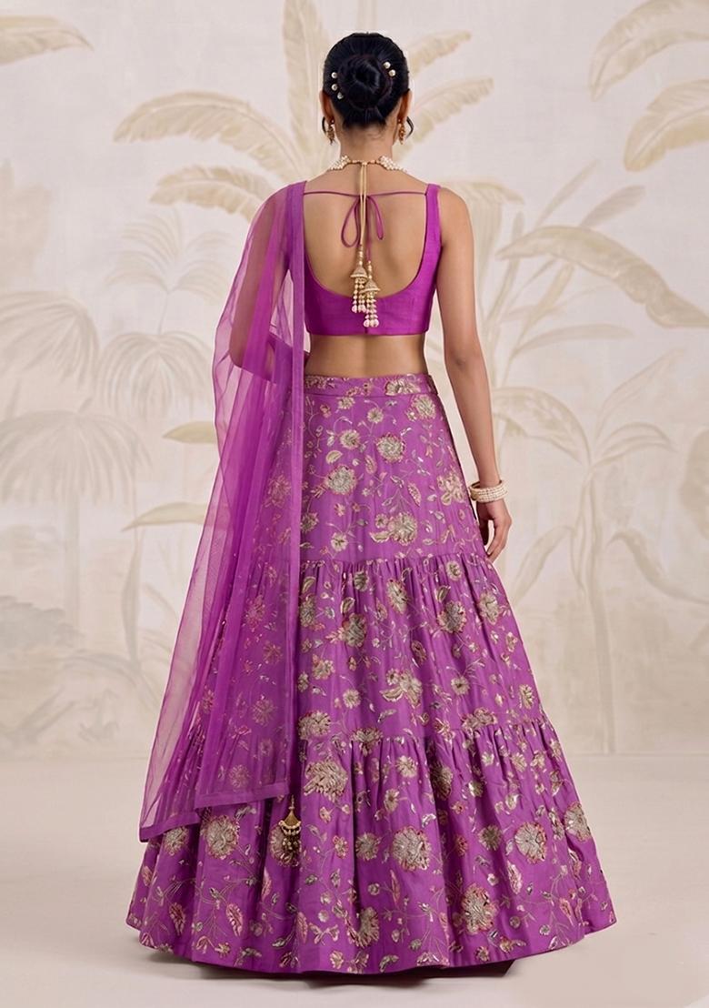 Purple Printed Crepe Lehenga Set - Indya