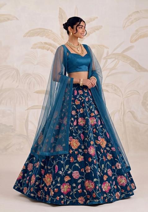 Deep Teal Blue Printed Crepe Lehenga Set