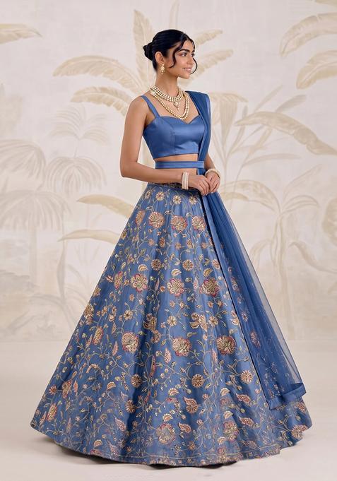 Pastel Blue Printed Crepe Lehenga Set