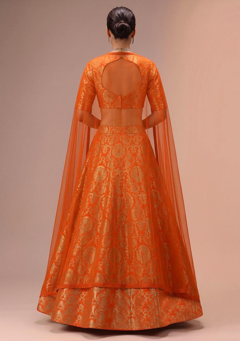 Orange Silk Blend Lehenga Set - Indya
