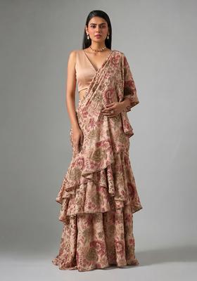 Sand Beige Printed Chinon Pre Draped Saree Set
