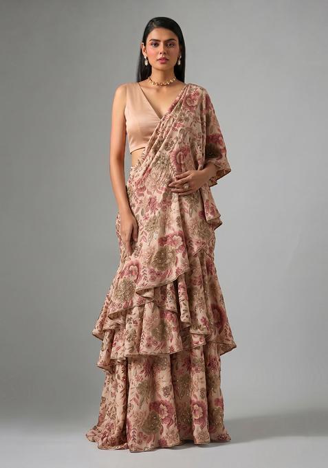 Sand Beige Printed Chinon Pre Draped Saree Set