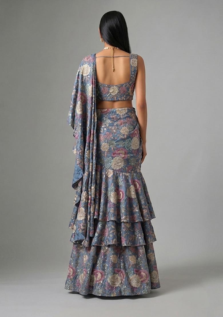 Midnight Blue Printed Chinon Pre Draped Saree Set - Indya