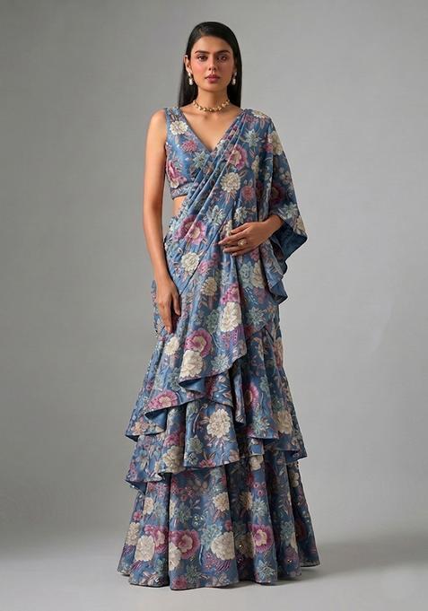 Midnight Blue Printed Chinon Pre Draped Saree Set