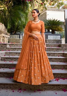 Orange Embroidered Chanderi Lehenga Set