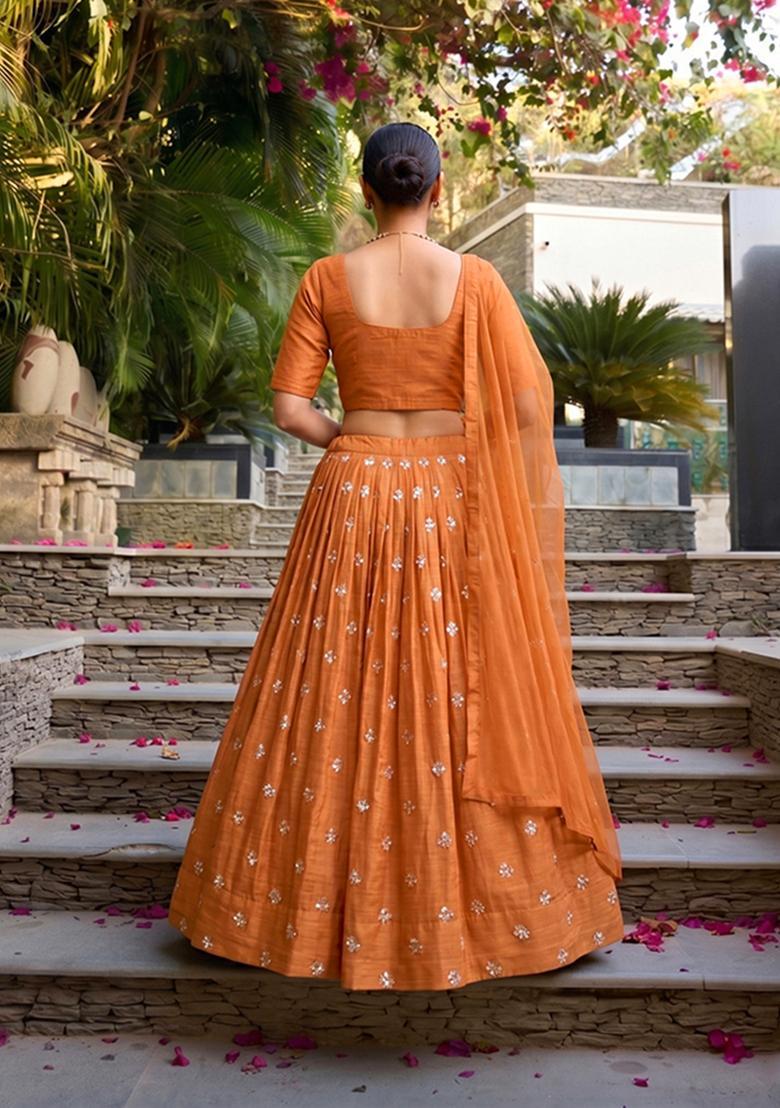 Orange Embroidered Chanderi Lehenga Set - Indya