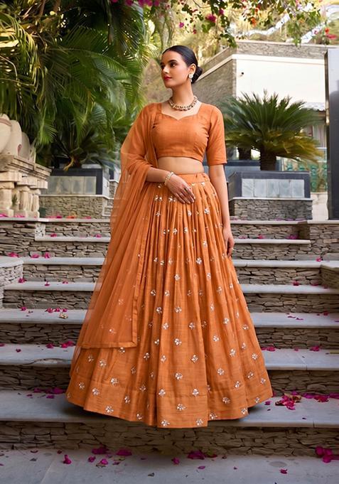 Orange Embroidered Chanderi Lehenga Set