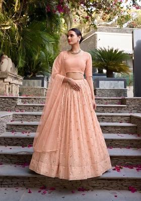 Peach Embroidered Chanderi Lehenga Set