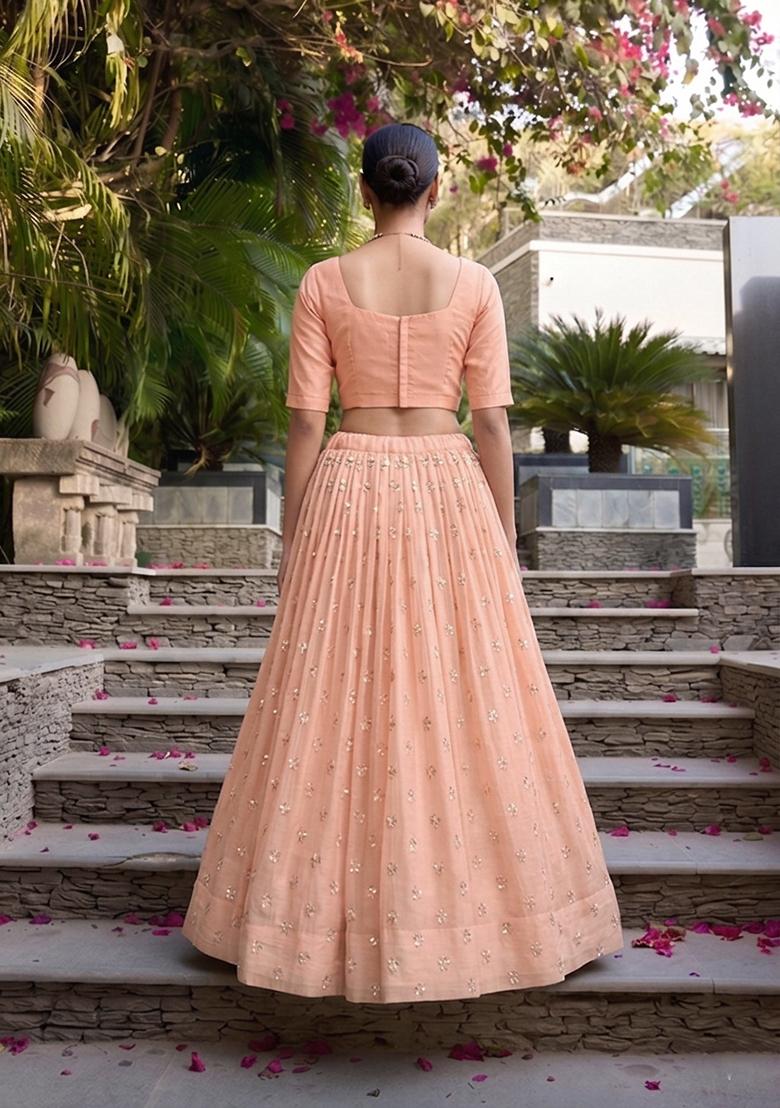 Peach Embroidered Chanderi Lehenga Set - Indya