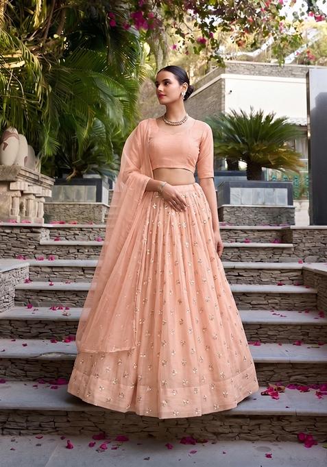 Peach Embroidered Chanderi Lehenga Set
