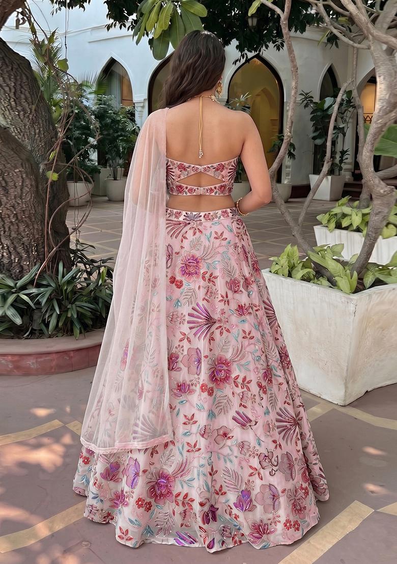 Ivory Printed Organza Lehenga Set - Indya