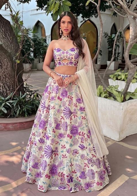 Ivory Printed Organza Lehenga Set