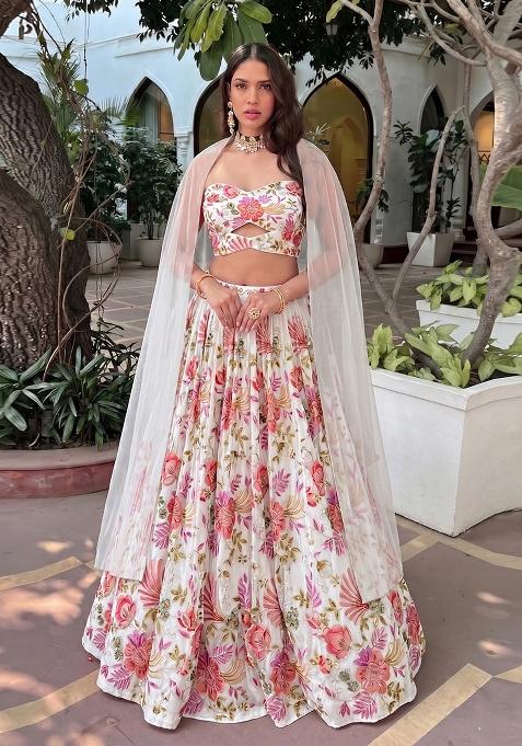 White Printed Organza Lehenga Set