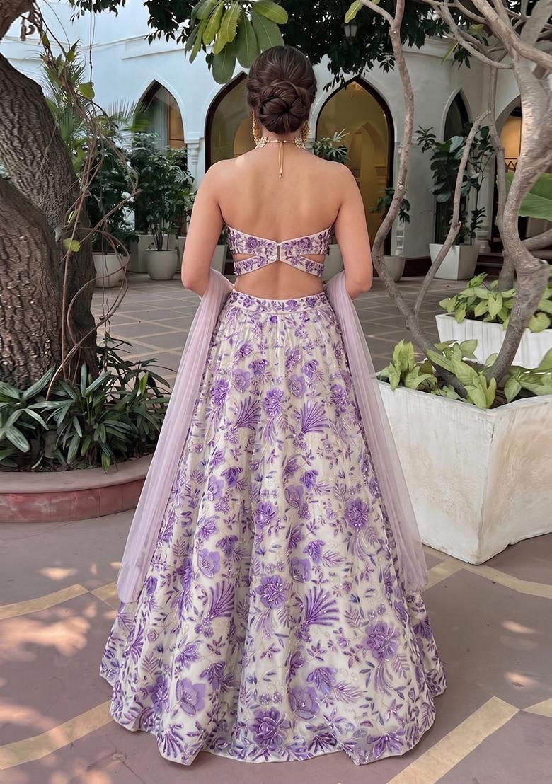 Lavender Printed Organza Lehenga Set - Indya