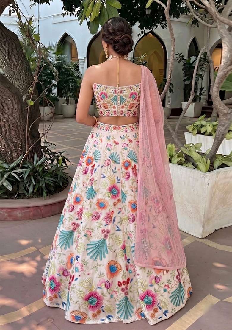 Soft Pink Printed Organza Lehenga Set - Indya