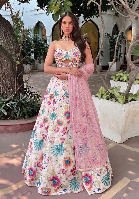 Soft Pink Printed Organza Lehenga Set