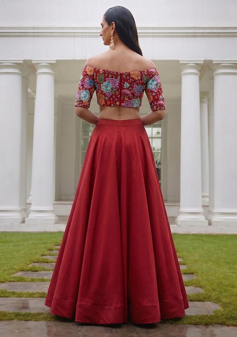 Deep Red Embroidered Crepe Lehenga Set - Indya