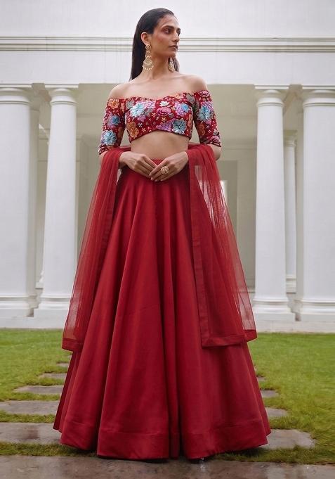 Deep Red Embroidered Crepe Lehenga Set