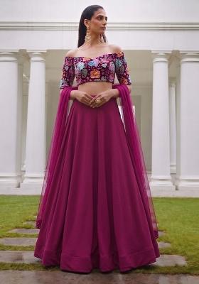 Purple Embroidered Crepe Lehenga Set