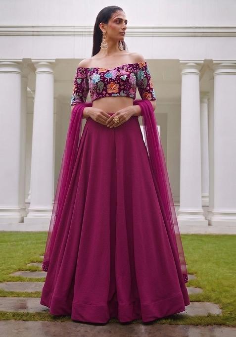 Purple Embroidered Crepe Lehenga Set
