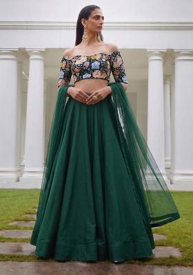 Bottle Green Embroidered Crepe Lehenga Set