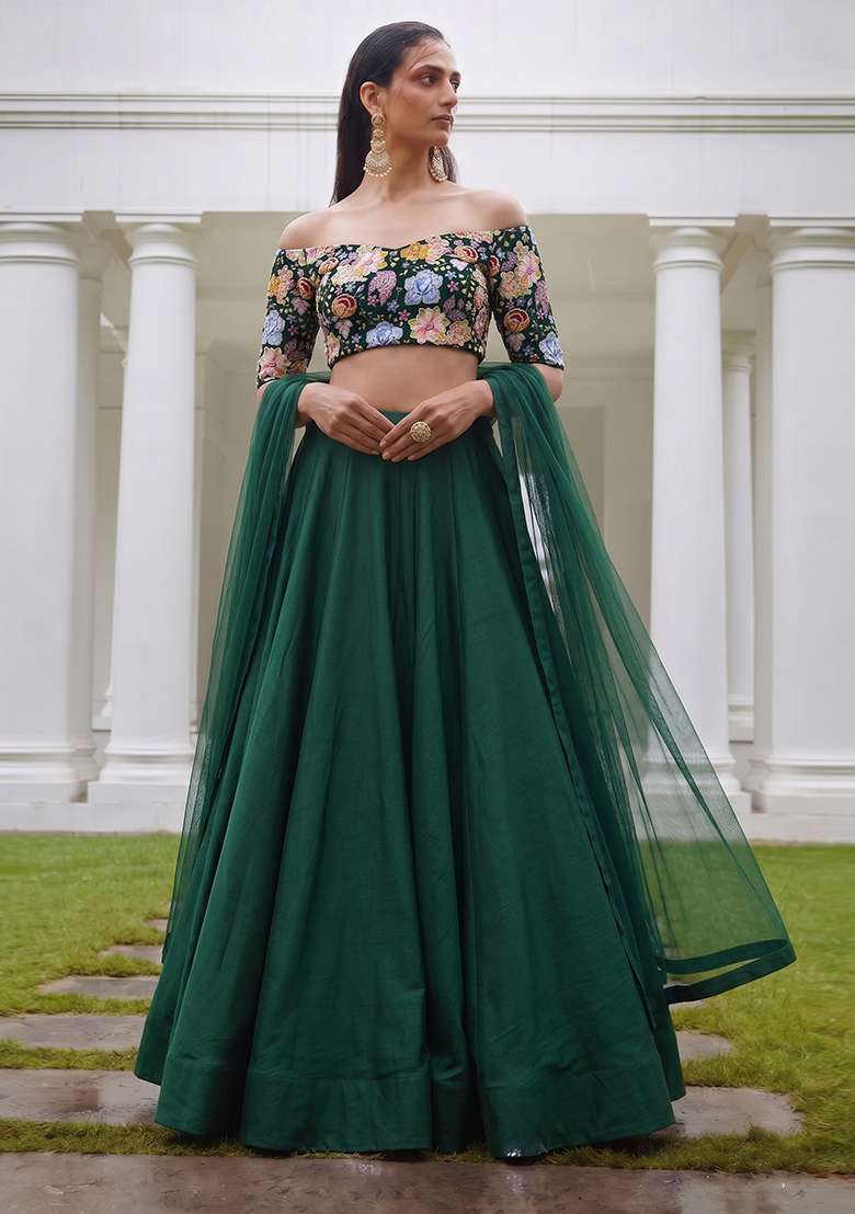 Bottle Green Embroidered Crepe Lehenga Set for Diwali and Festive Wear - Indya