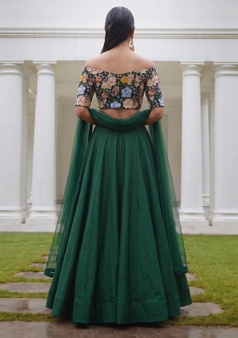Bottle Green Embroidered Crepe Lehenga Set - Indya