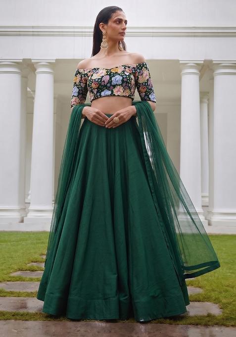 Bottle Green Embroidered Crepe Lehenga Set
