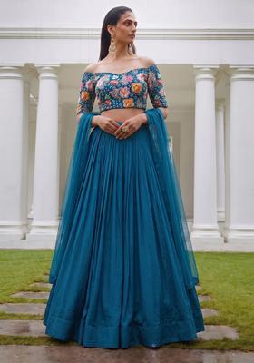 Teal Blue Embroidered Crepe Lehenga Set