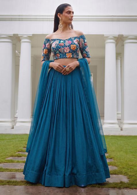 Teal Blue Embroidered Crepe Lehenga Set