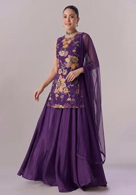 Purple Printed Organza Lehenga Set