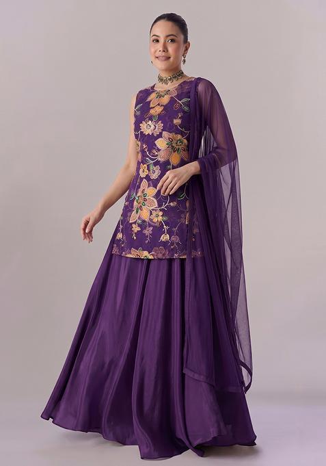 Purple Printed Organza Lehenga Set