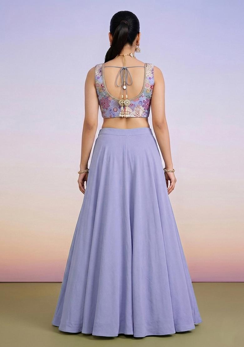 Pastel Blue Printed Crepe Lehenga Set - Indya