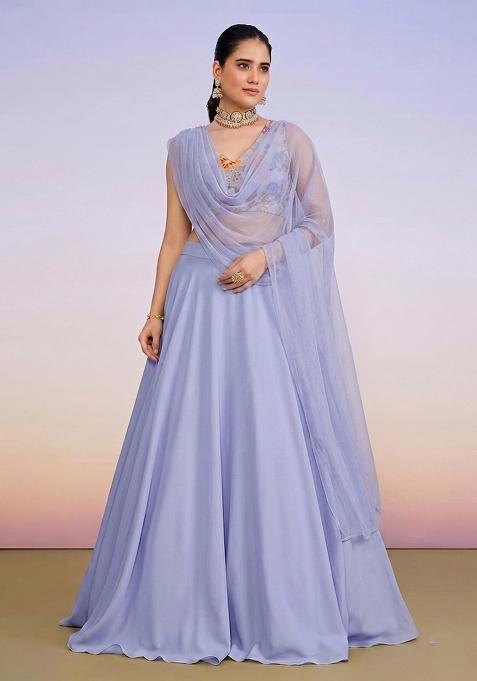Pastel Blue Printed Crepe Lehenga Set