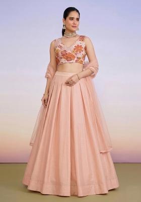 Peach Printed Crepe Lehenga Set