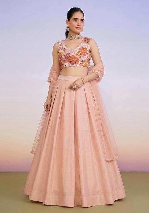 Peach Printed Crepe Lehenga Set