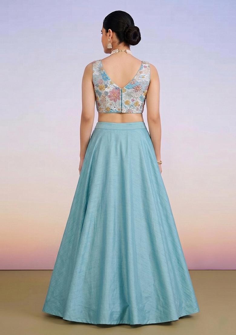 Blue Printed Crepe Lehenga Set - Indya