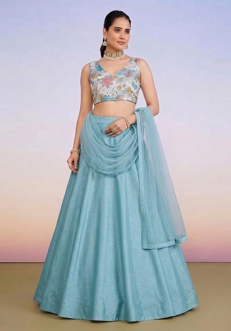 Blue Printed Crepe Lehenga Set