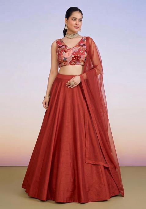 Red Printed Crepe Lehenga Set