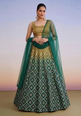 Dark Green Printed Silk Lehenga Set