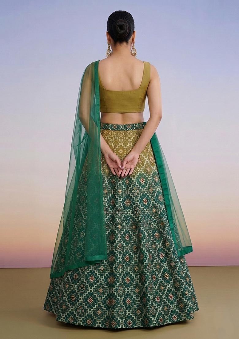 Dark Green Printed Silk Blend Lehenga Set - Indya