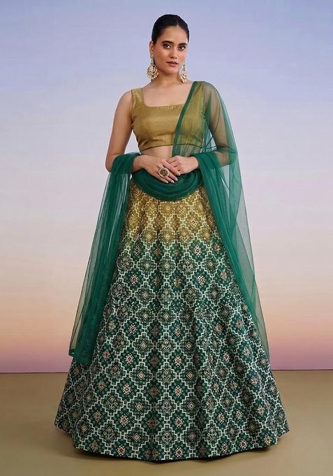 Dark Green Printed Silk Lehenga Set