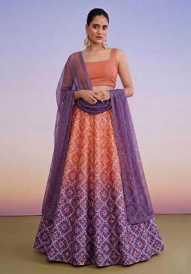 Purple Printed Silk Lehenga Set